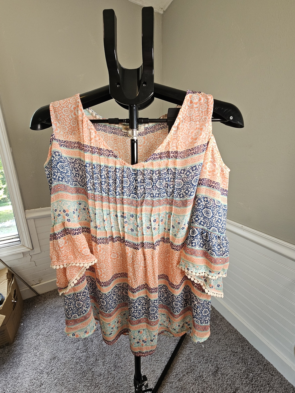 Cold-Shoulder Peach and Blue Printed Tunic Top By Style And Company